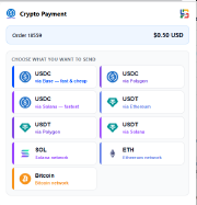 The crypto payment screen with asset and chain options